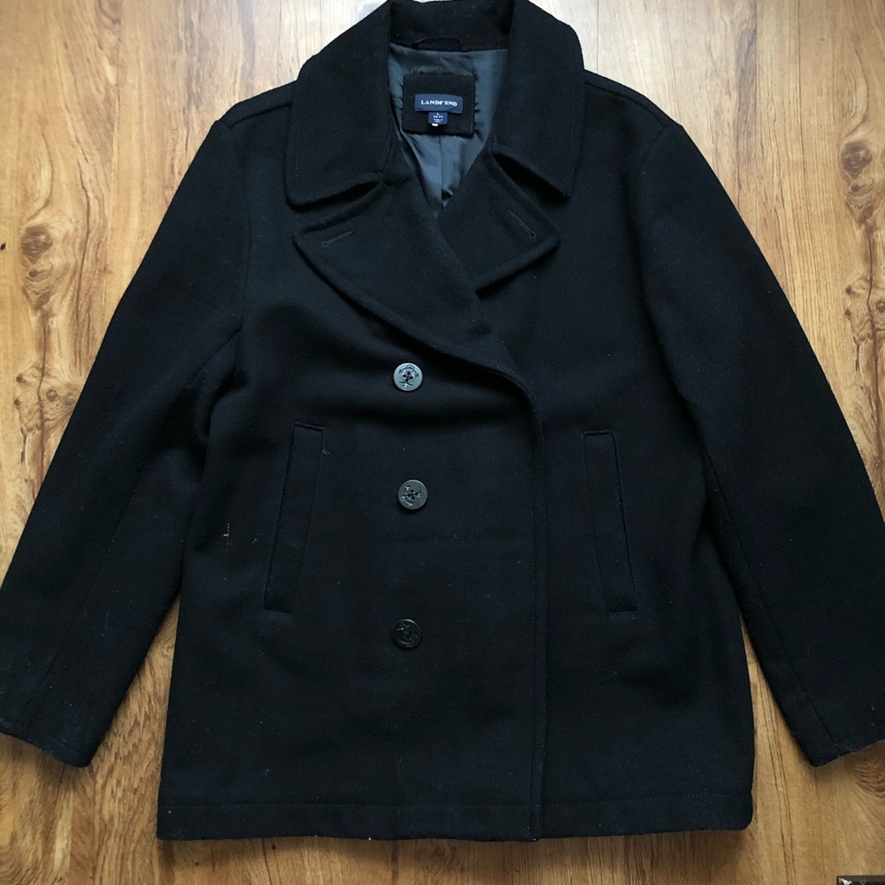 Like New, Lands’ End Men’s Black Pea Coat